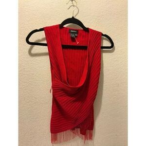Radzoli Vibrant Red Ribbed Sleeveless Top with Fringe Accent
